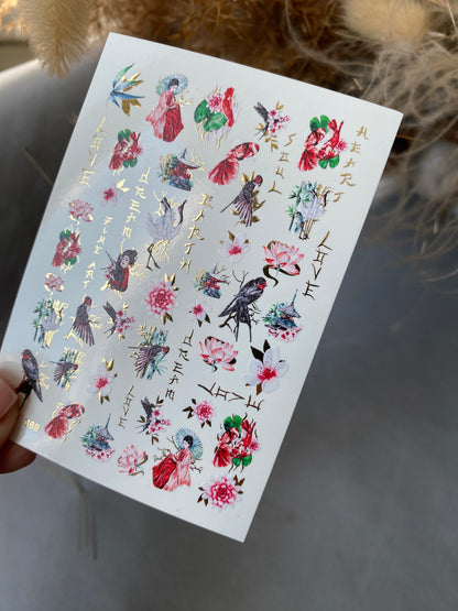 Nail Water Decal CF-069 | Japanese Water Slide Nail Decals | Geisha, Swallows, Lotus Flowers and Oriental Nail Art