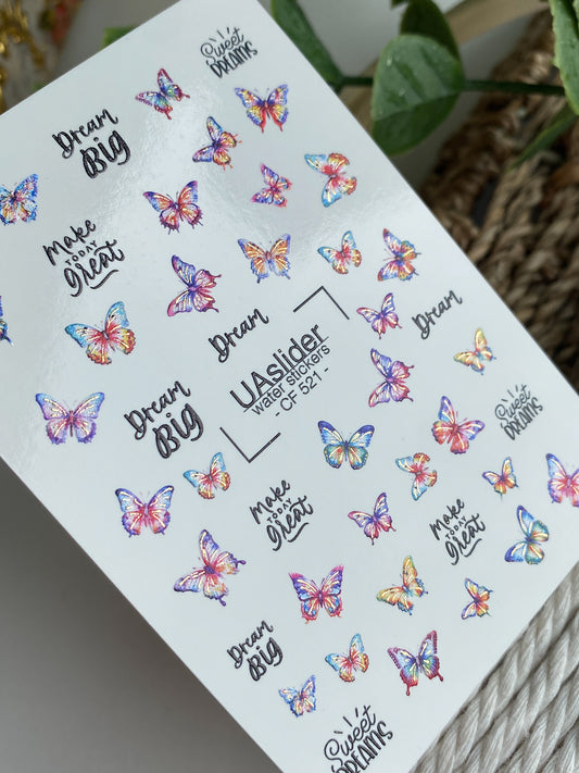 Nail Water Decal CF-521 | Water Slide Nail Decals with Colorful Butterflies & Quotes | Inspirational Nail Art