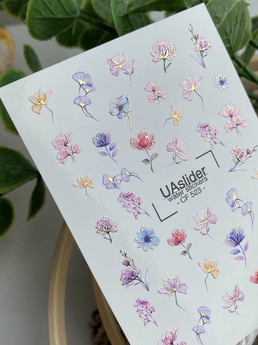 Nail Water Decal CF-523 | Water Slide Nail Decals with Pastel Flowers | Elegant Floral Nail Art