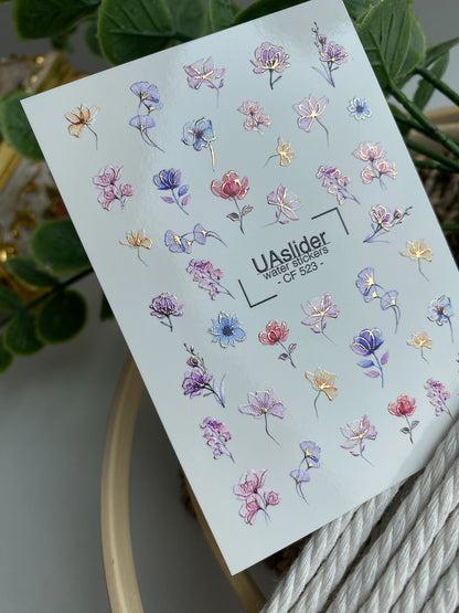 ネイルウォーターデカール CF-523 | パステルフラワーのウォータースライドネイルデカール | エレガントなフローラルネイルアート