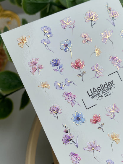 ネイルウォーターデカール CF-523 | パステルフラワーのウォータースライドネイルデカール | エレガントなフローラルネイルアート