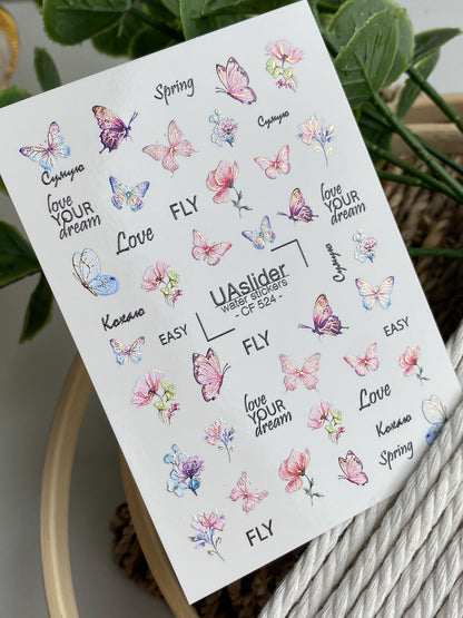 Naklejki wodne na paznokcie CF-524 | Naklejki do paznokci do zmywania wodą z motylami, kwiatami i cytatami | Wiosenny manicure artystyczny