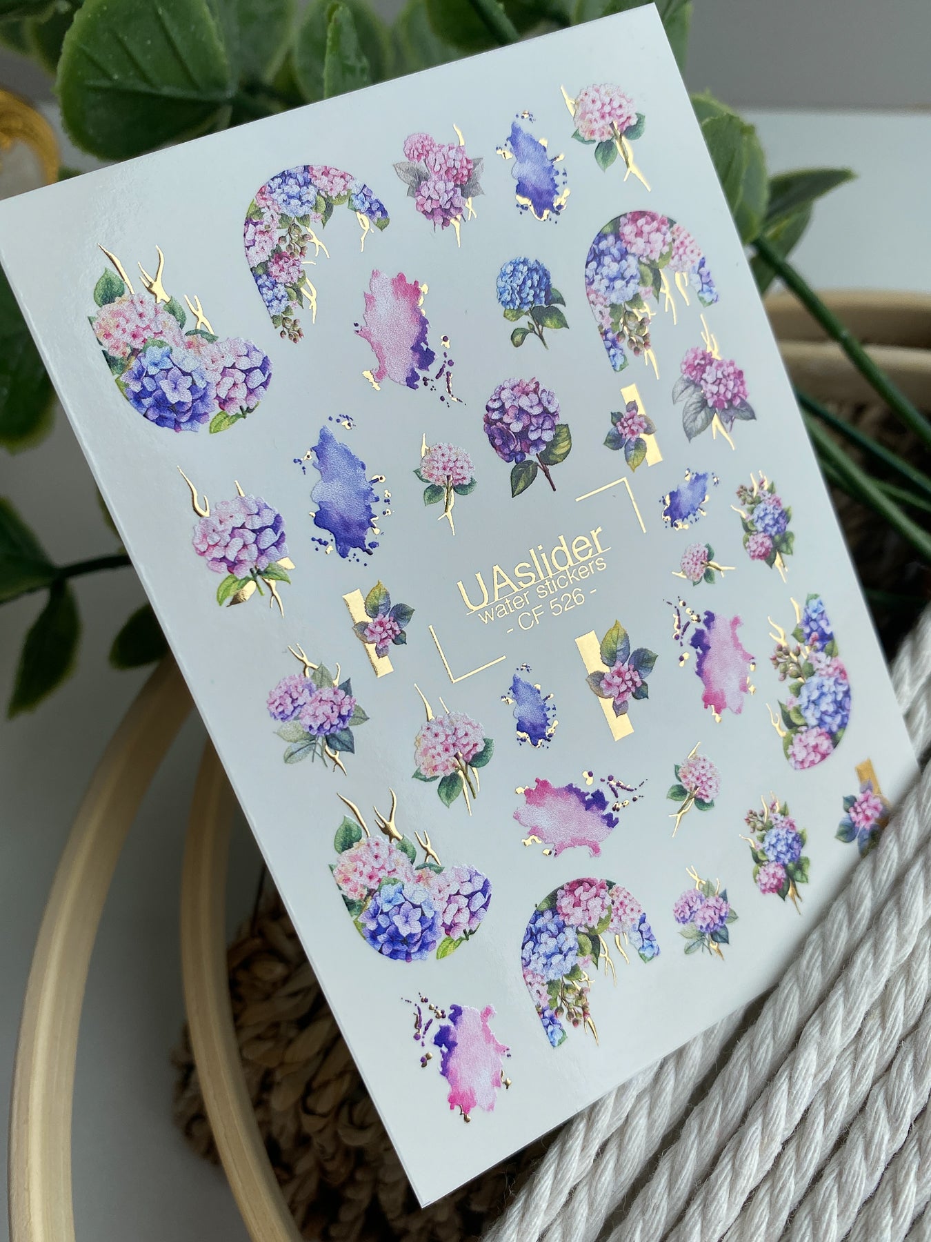 Nail Water Decal CF-526 | Water Slide Nail Decals with Hydrangeas & Gold Accents | Floral Watercolor Nail Art