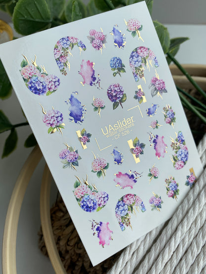 Nail Water Decal CF-526 | Water Slide Nail Decals with Hydrangeas & Gold Accents | Floral Watercolor Nail Art