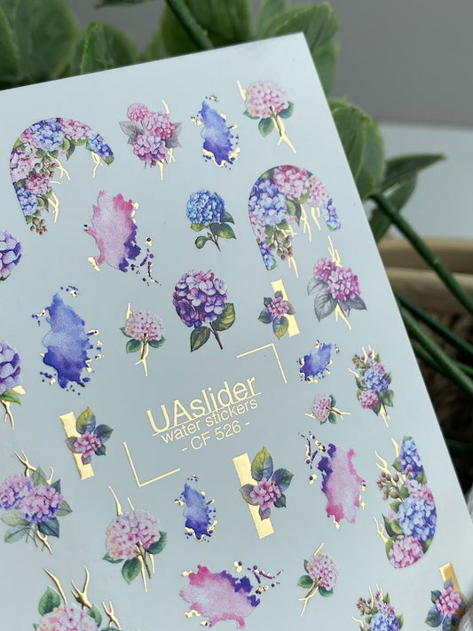 Nail Water Decal CF-526 | Water Slide Nail Decals with Hydrangeas & Gold Accents | Floral Watercolor Nail Art