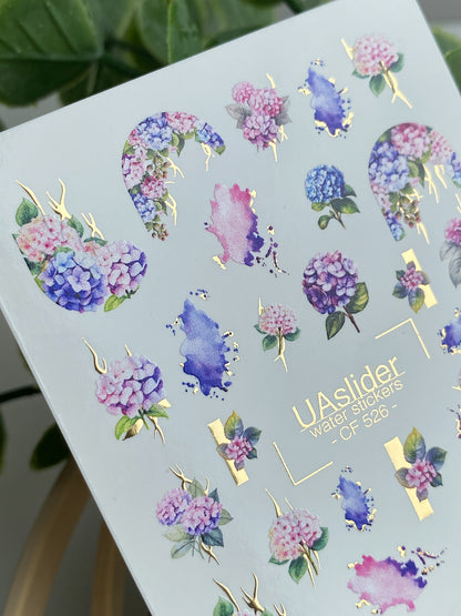 Nail Water Decal CF-526 | Water Slide Nail Decals with Hydrangeas & Gold Accents | Floral Watercolor Nail Art