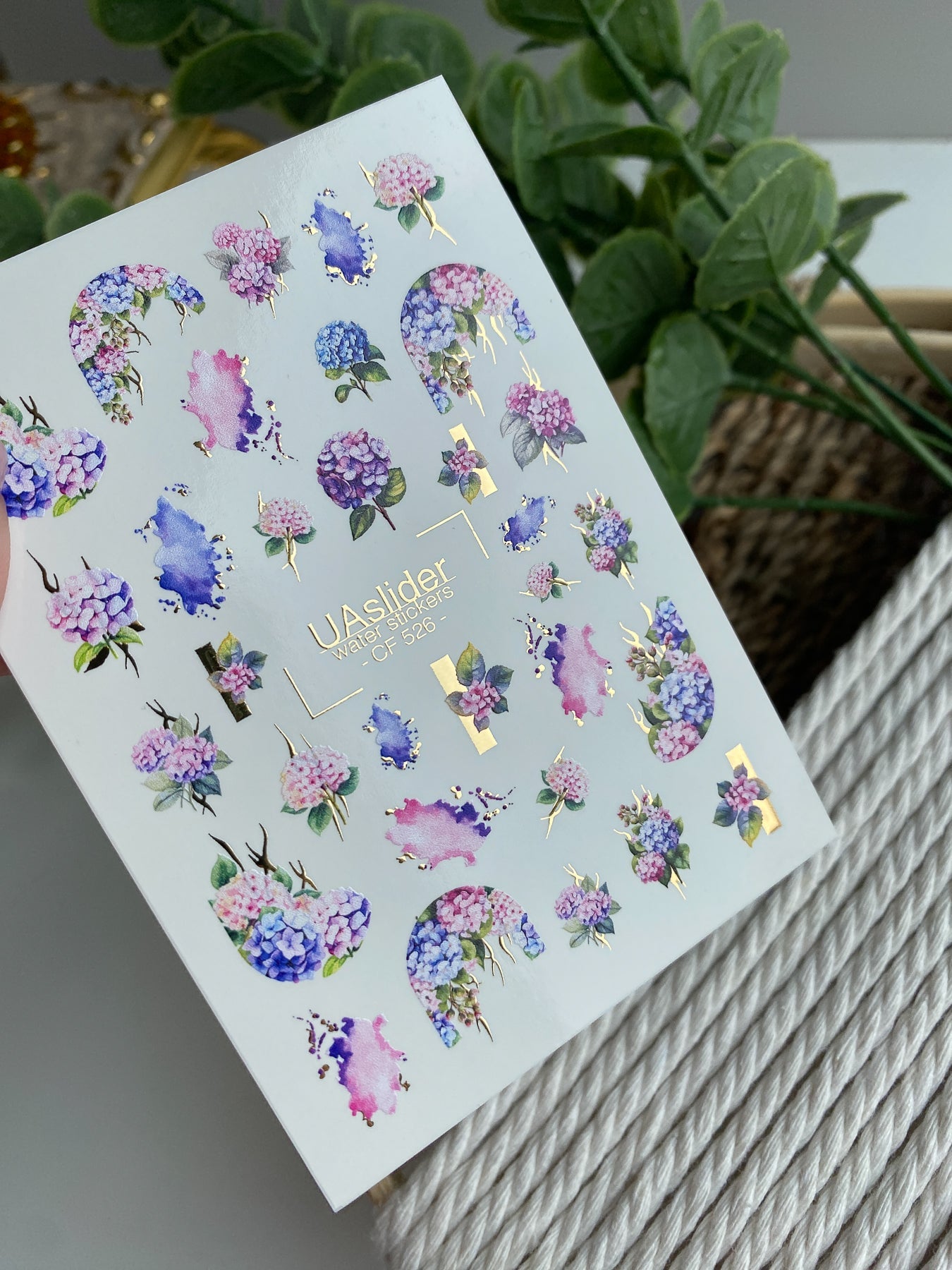 Nail Water Decal CF-526 | Water Slide Nail Decals with Hydrangeas & Gold Accents | Floral Watercolor Nail Art - UASLIDER