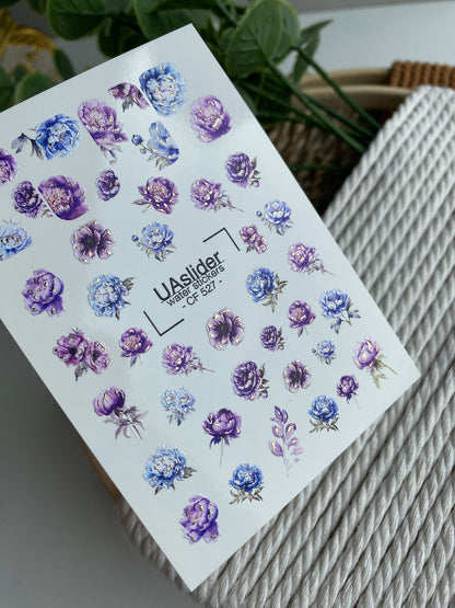 Nail Water Decal CF-527 | Water Slide Nail Decals with Blue & Purple Flowers | Luxury Floral Nail Art