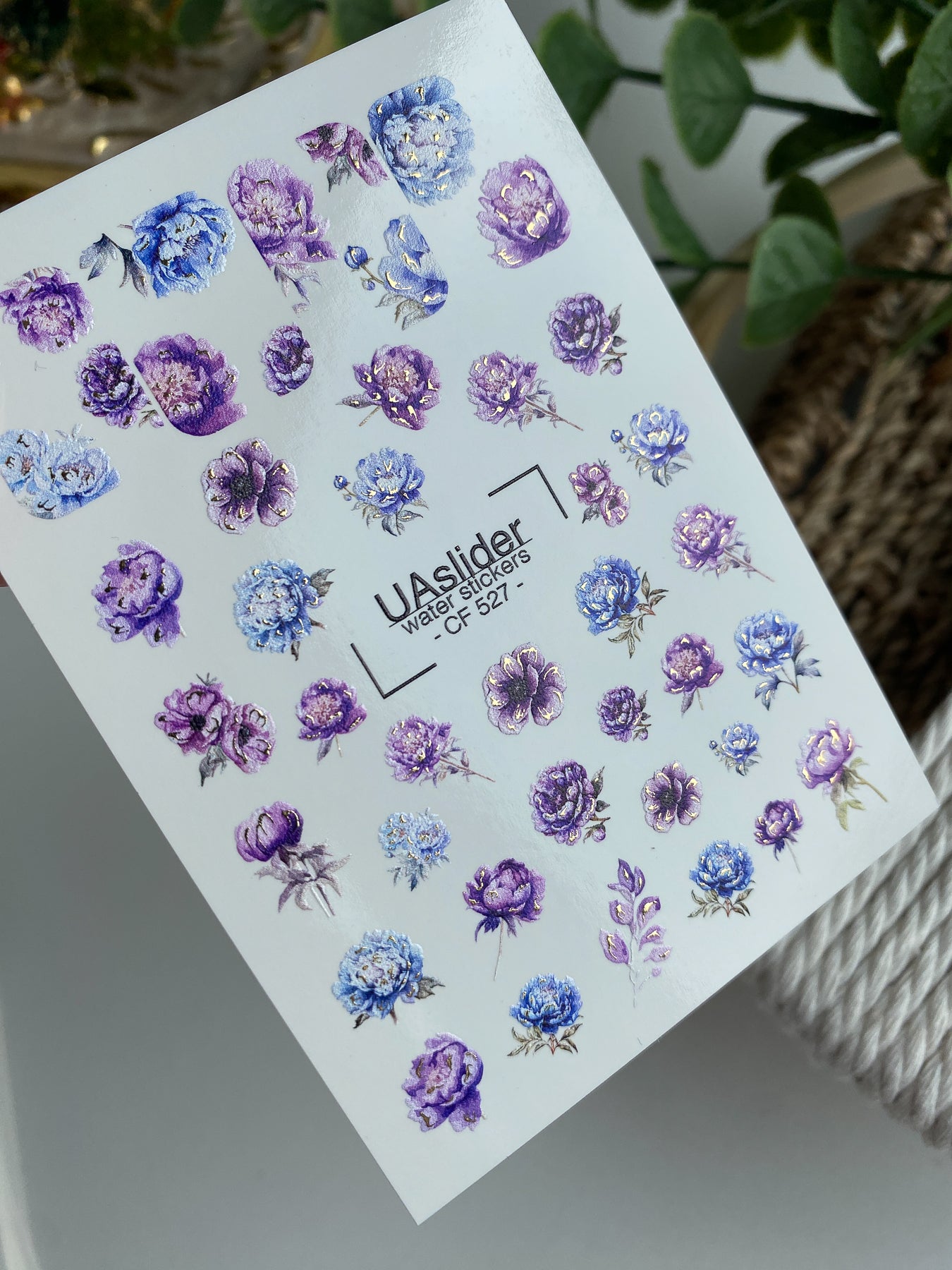 Nail Water Decal CF-527 | Water Slide Nail Decals with Blue & Purple Flowers | Luxury Floral Nail Art