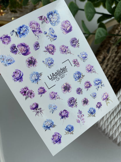Nail Water Decal CF-527 | Water Slide Nail Decals with Blue & Purple Flowers | Luxury Floral Nail Art