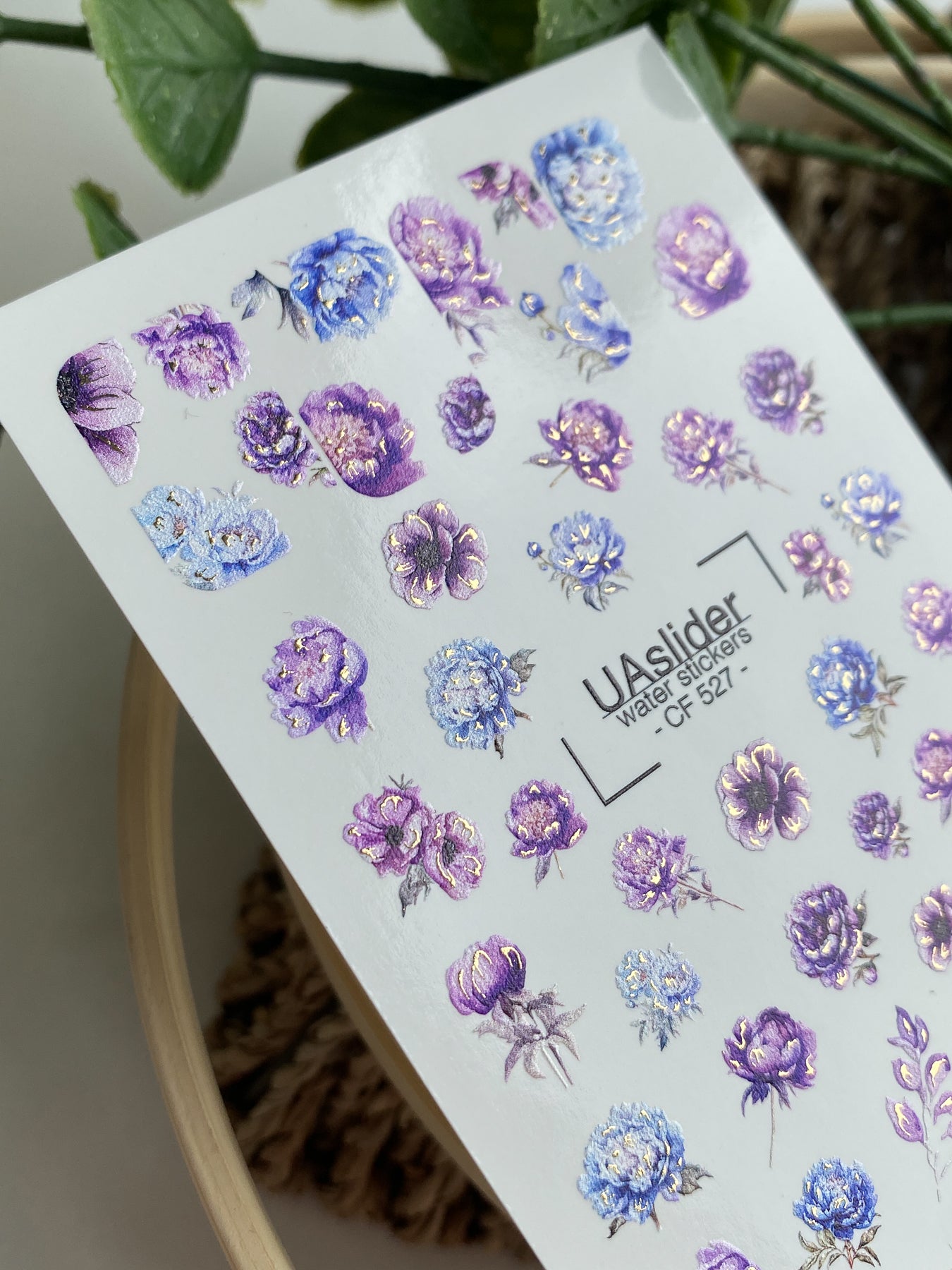 Nail Water Decal CF-527 | Water Slide Nail Decals with Blue & Purple Flowers | Luxury Floral Nail Art