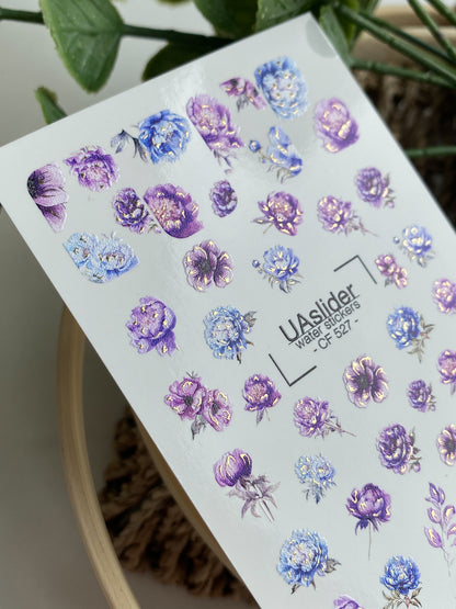 Nail Water Decal CF-527 | Water Slide Nail Decals with Blue & Purple Flowers | Luxury Floral Nail Art
