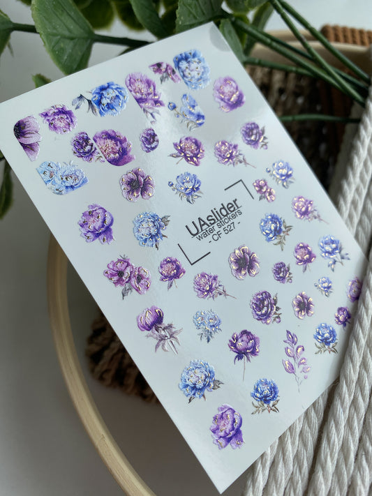 Nail Water Decal CF-527 | Water Slide Nail Decals with Blue & Purple Flowers | Luxury Floral Nail Art