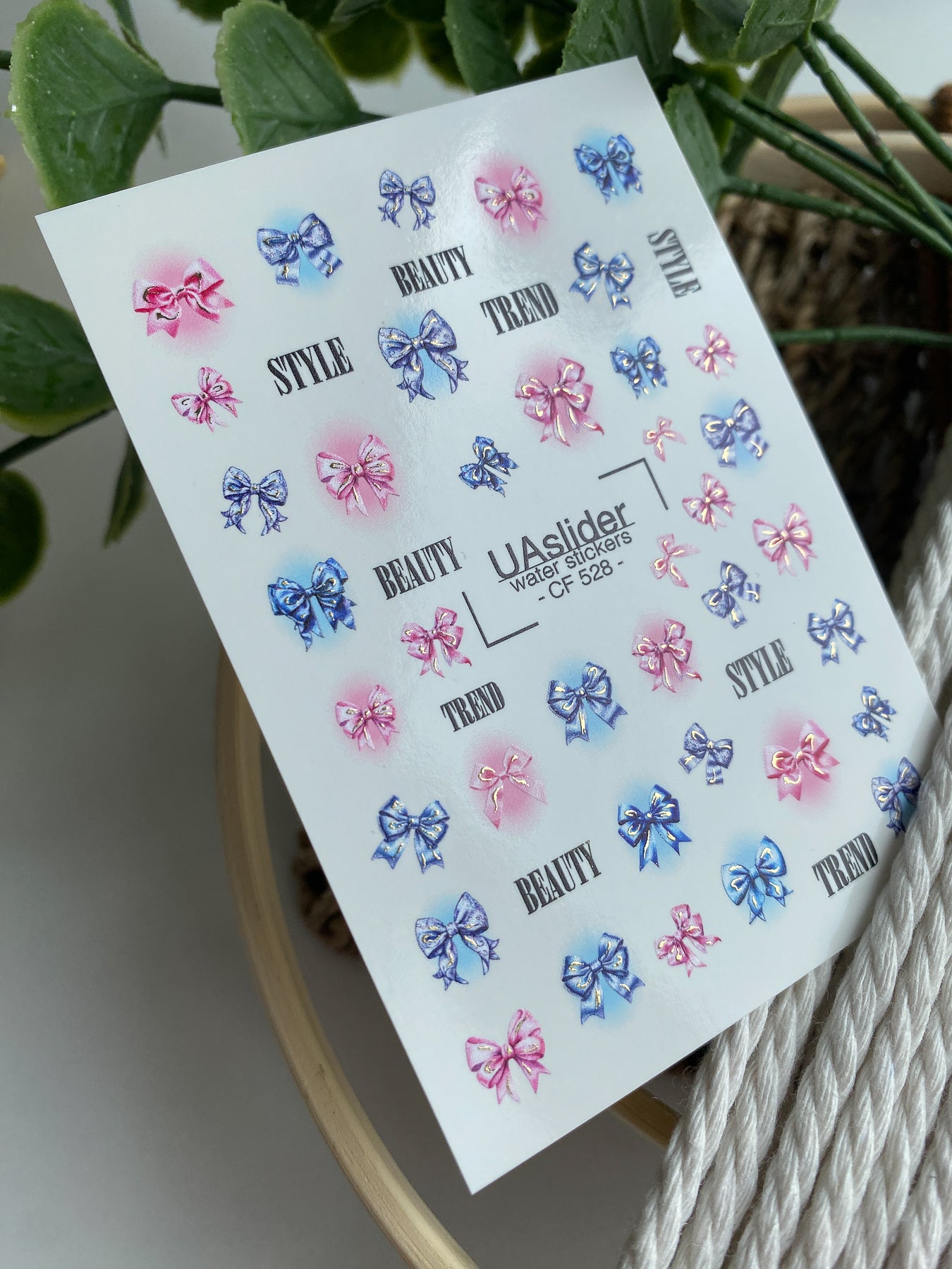 Nail Water Decal CF-528 | Water Slide Nail Decals with Pink & Blue Bows | Trendy Nail Art