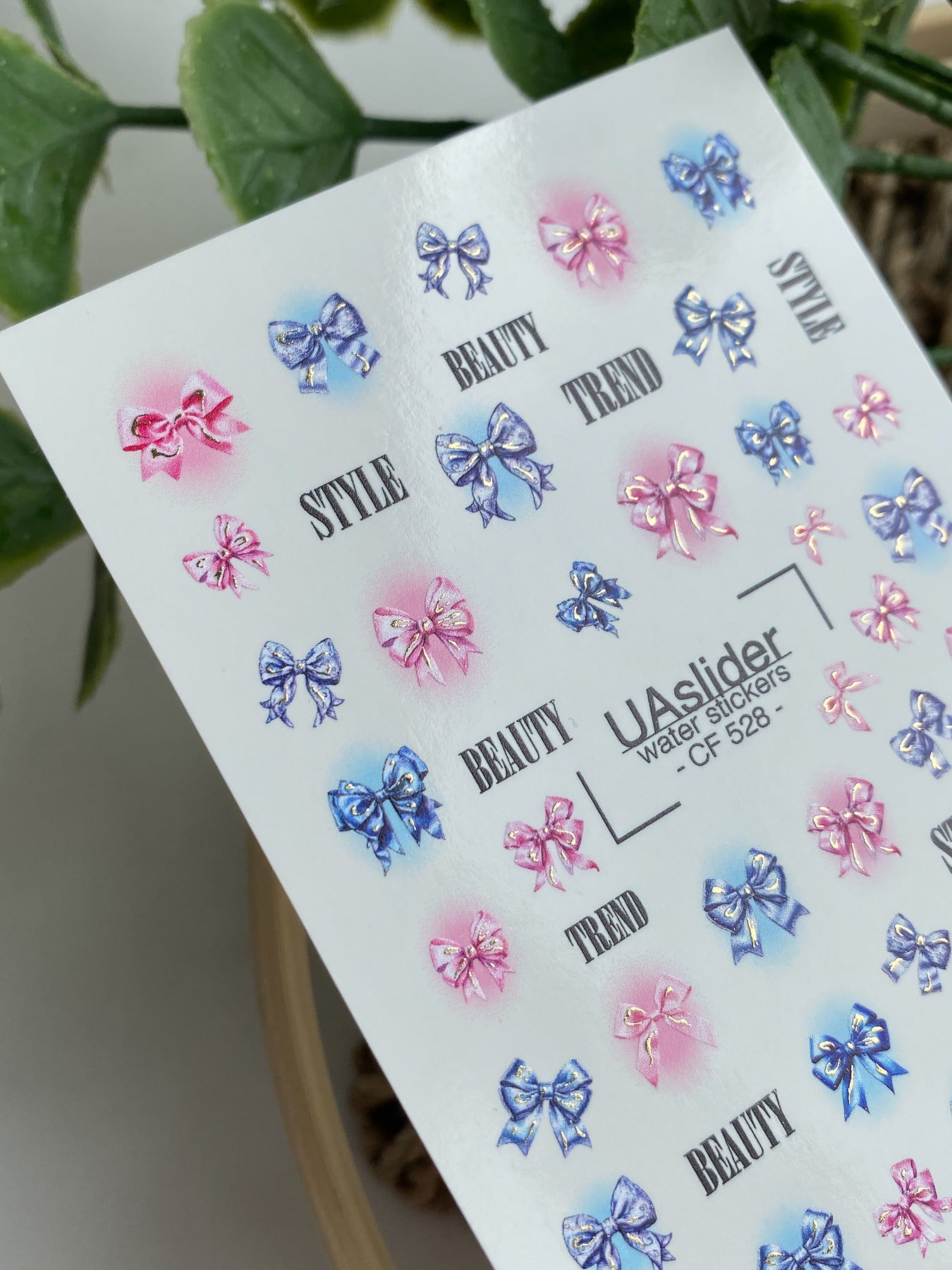 Nail Water Decal CF-528 | Water Slide Nail Decals with Pink & Blue Bows | Trendy Nail Art