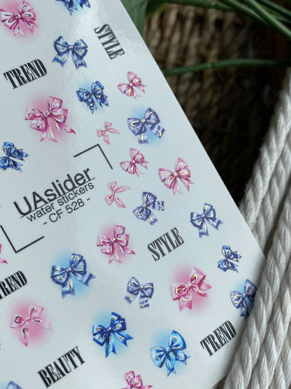 Nail Water Decal CF-528 | Water Slide Nail Decals with Pink & Blue Bows | Trendy Nail Art