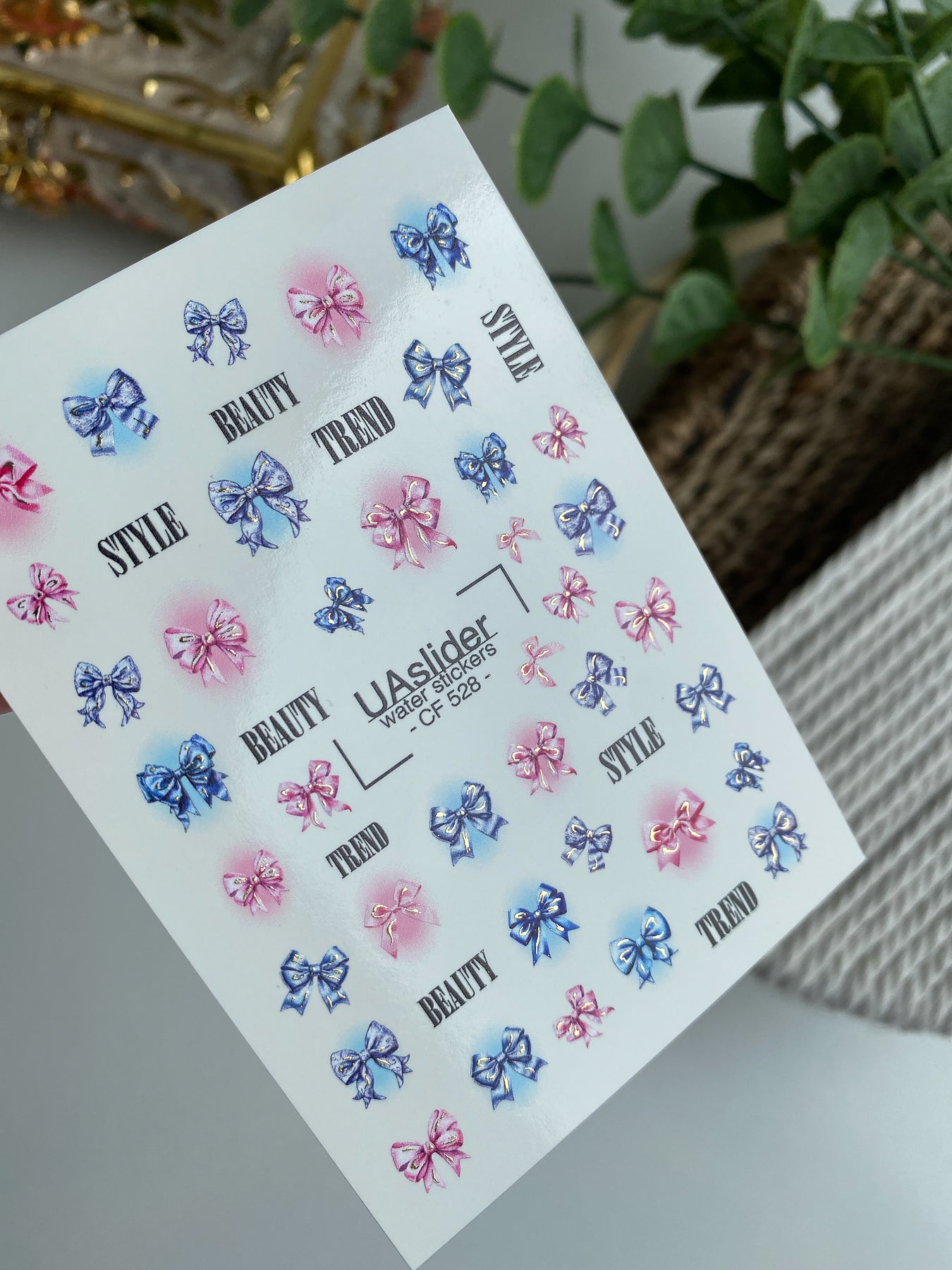 Nail Water Decal CF-528 | Water Slide Nail Decals with Pink & Blue Bows | Trendy Nail Art