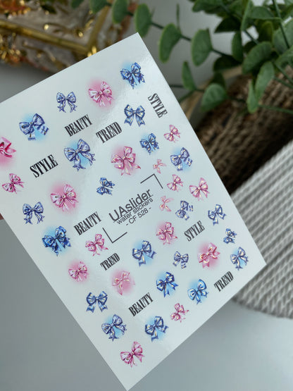 Nail Water Decal CF-528 | Water Slide Nail Decals with Pink & Blue Bows | Trendy Nail Art