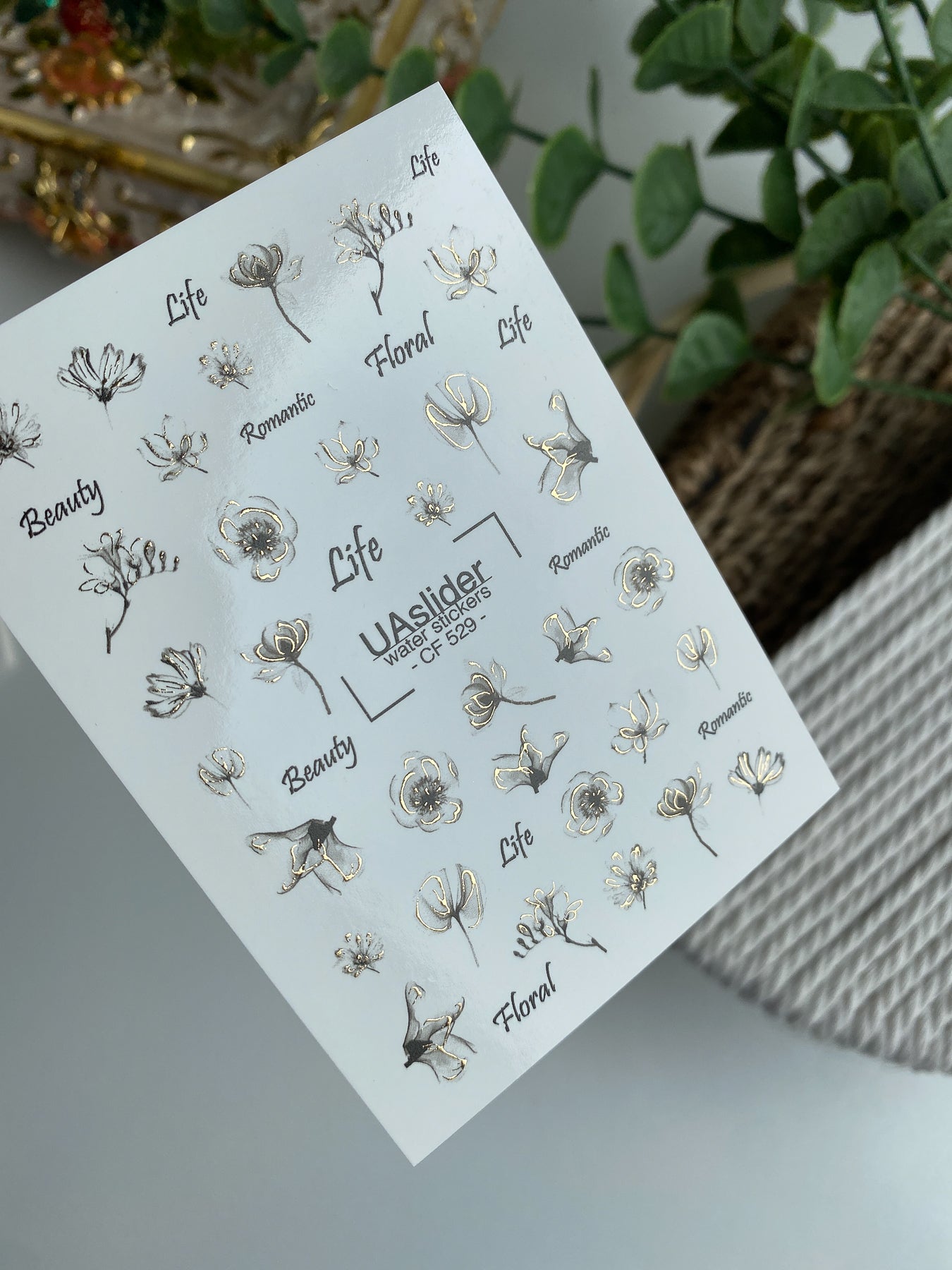 Nail Water Decal CF-529 | Water Slide Nail Decals with Minimalist Black & Gold Flowers | Elegant Floral Nail Art