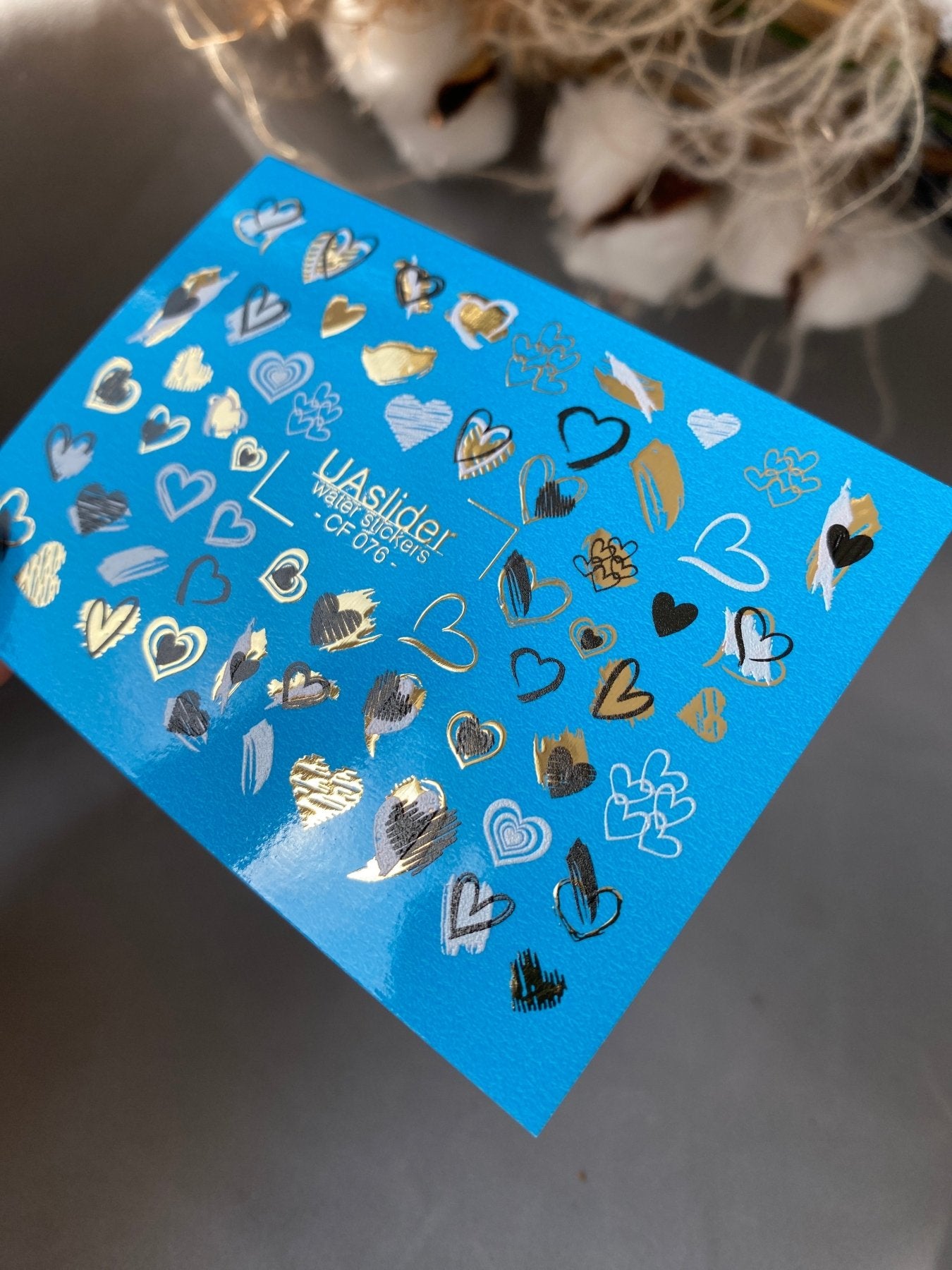 Nail Water Decal CF-076 | Valentine’s Day Nail Art Water Decals | Blue, Black and Gold Hearts - UASLIDER