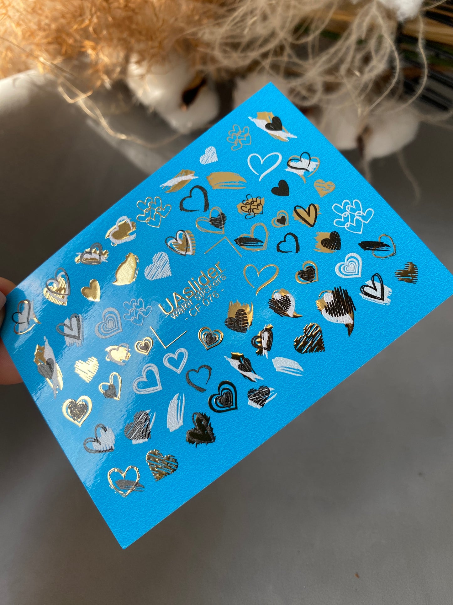 Nail Water Decal CF-076 | Valentine’s Day Nail Art Water Decals | Blue, Black and Gold Hearts