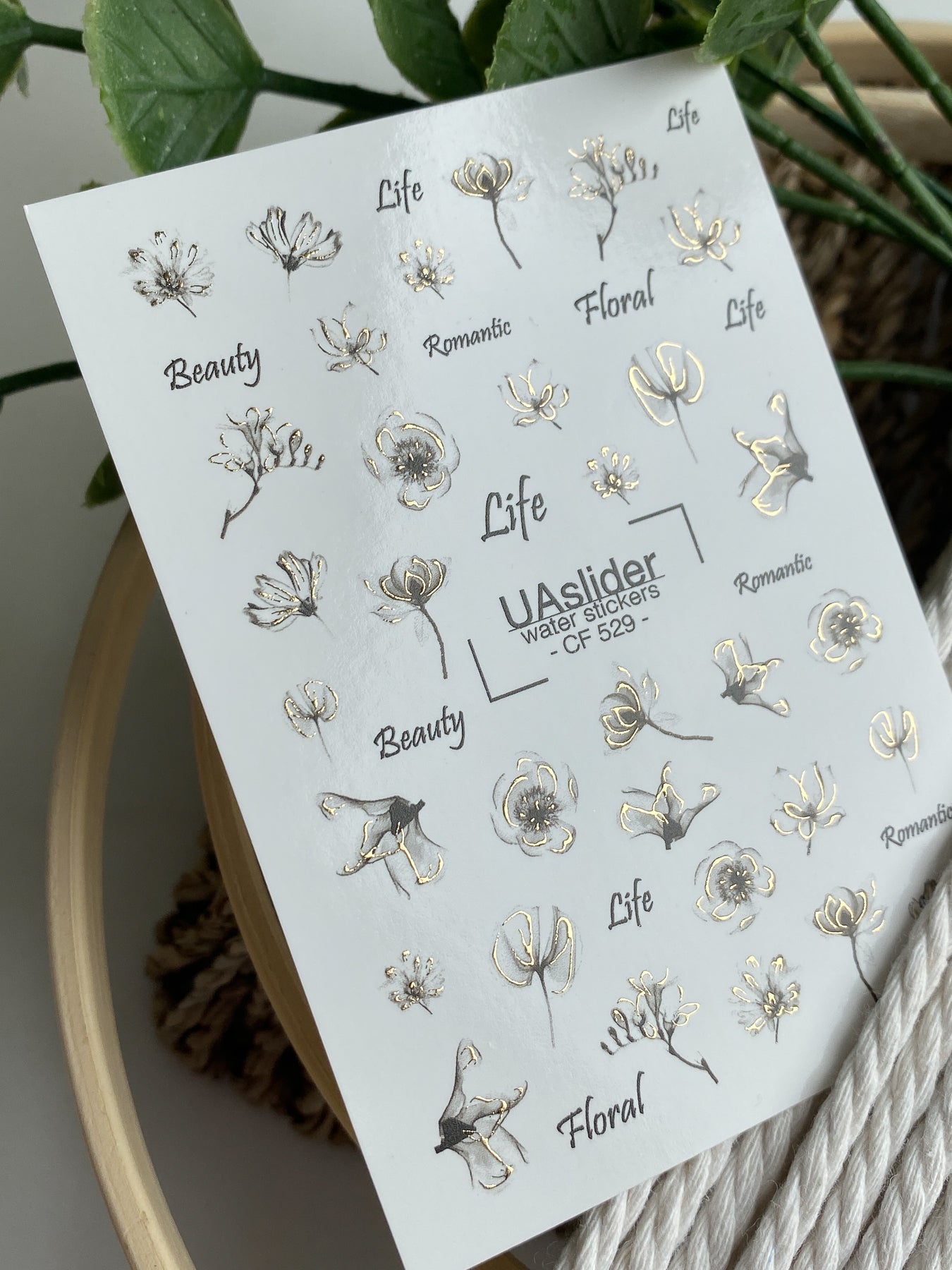 Nail Water Decal CF-529 | Water Slide Nail Decals with Minimalist Black & Gold Flowers | Elegant Floral Nail Art