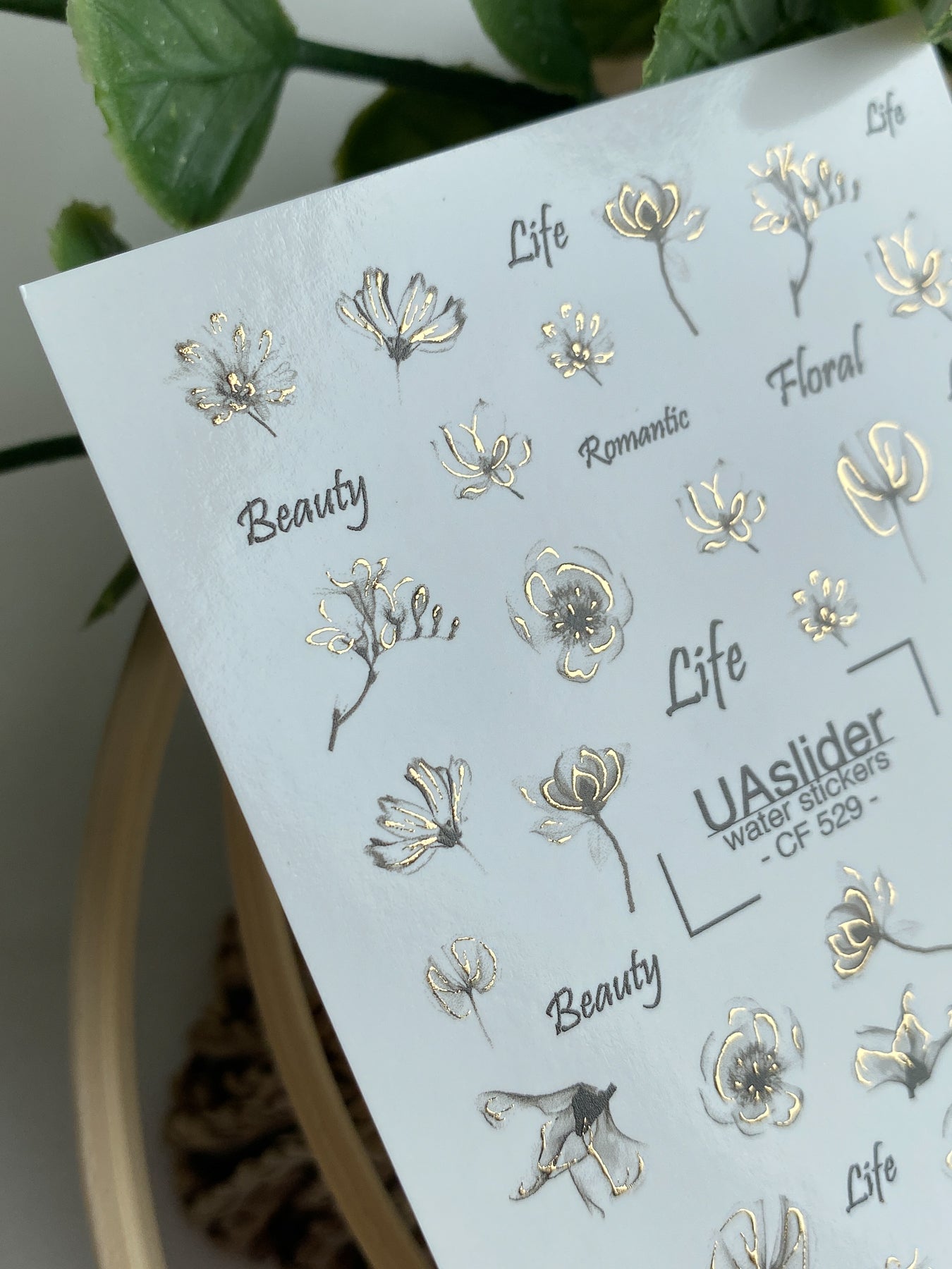 Nail Water Decal CF-529 | Water Slide Nail Decals with Minimalist Black & Gold Flowers | Elegant Floral Nail Art