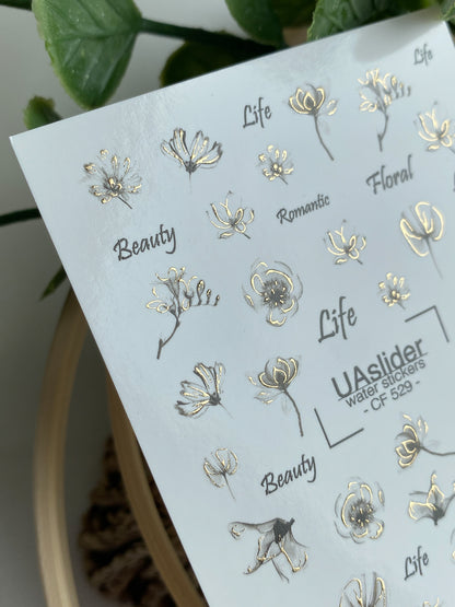 Nail Water Decal CF-529 | Water Slide Nail Decals with Minimalist Black & Gold Flowers | Elegant Floral Nail Art