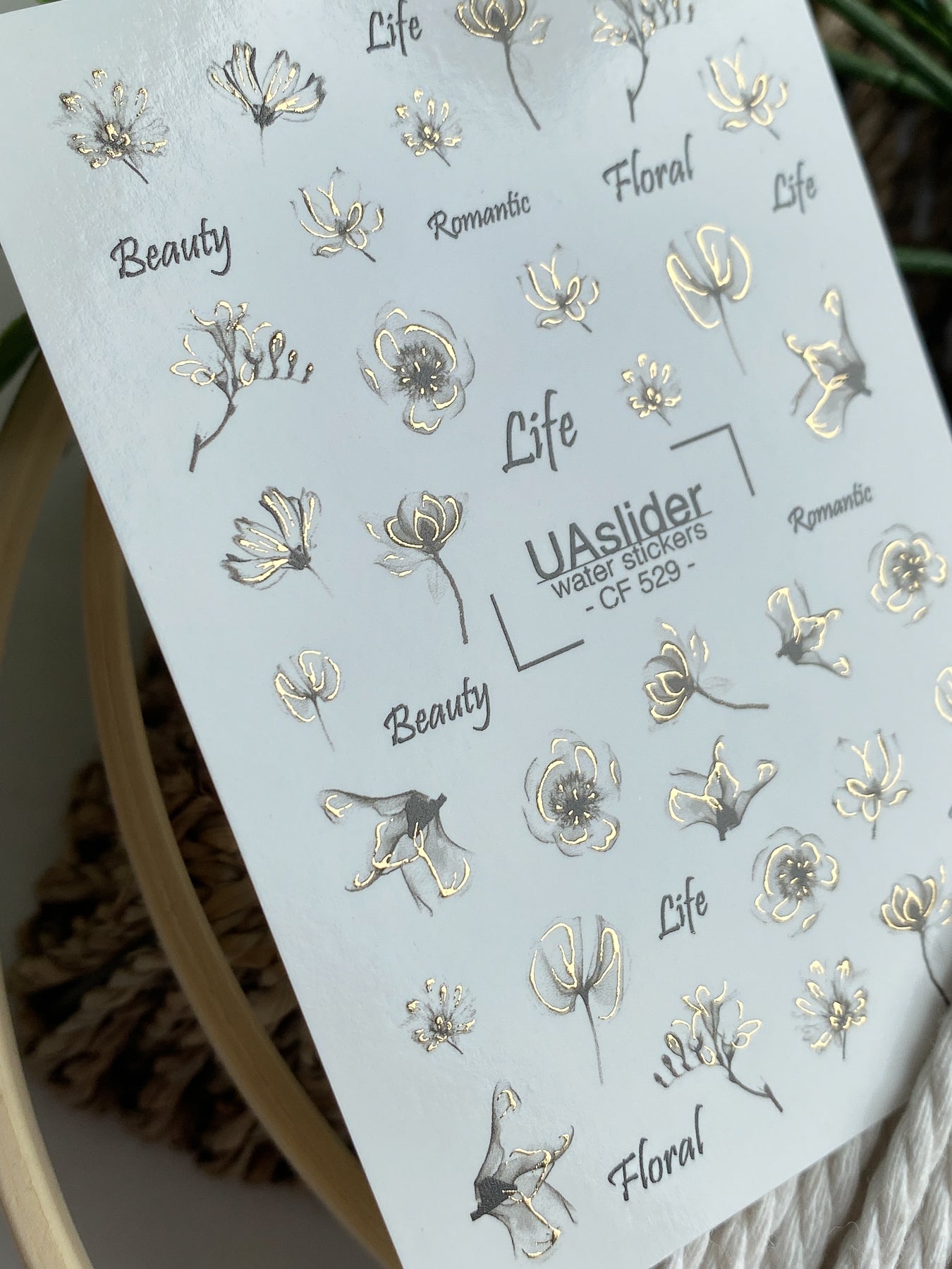 Nail Water Decal CF-529 | Water Slide Nail Decals with Minimalist Black & Gold Flowers | Elegant Floral Nail Art