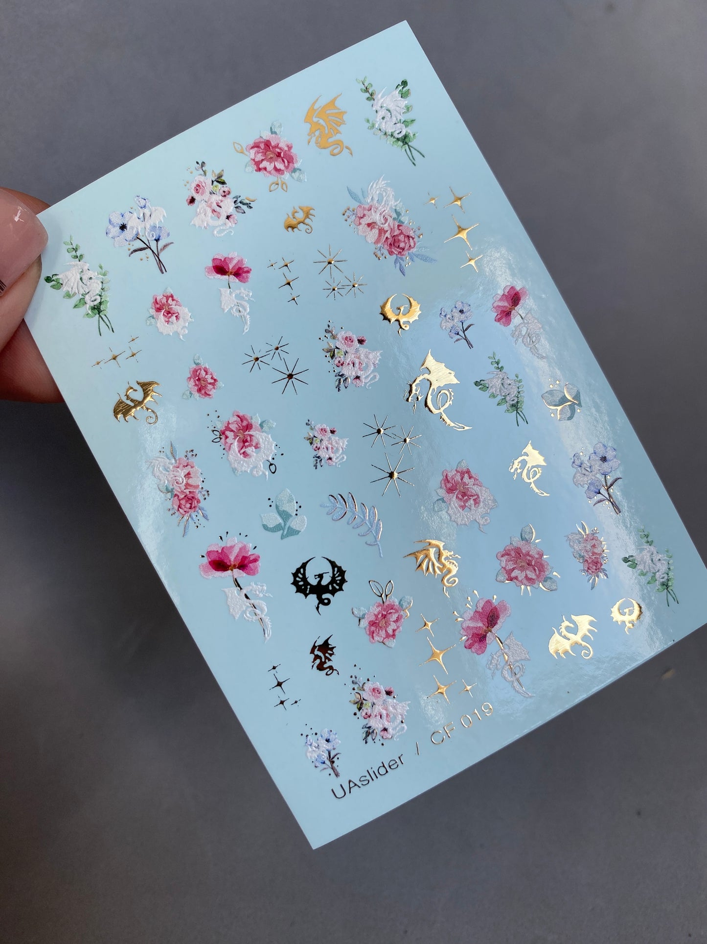 Nail Water Decal CF-019 | Floral Water Slide Nail Decals, Pink Peonies and Delicate Blooms with Gold Dragons and Stars