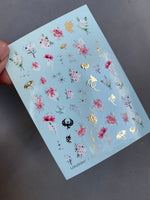 Nail Water Decal CF-019 | Floral Water Slide Nail Decals, Pink Peonies and Delicate Blooms with Gold Dragons and Stars - UASLIDER