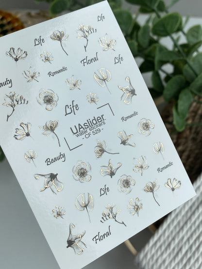 Nail Water Decal CF-529 | Water Slide Nail Decals with Minimalist Black & Gold Flowers | Elegant Floral Nail Art