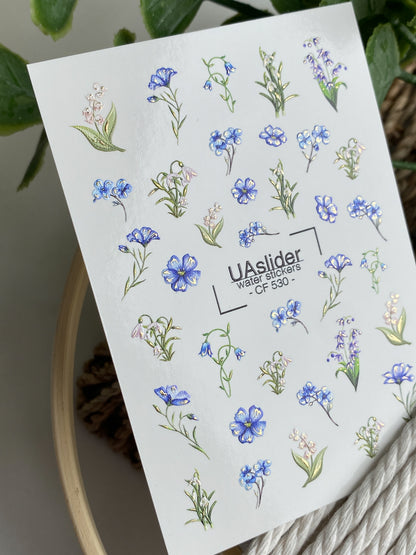 Nail Water Decal CF-530 | Water Slide Nail Decals with Forget-Me-Nots, Lilies of the Valley & Bellflowers | Delicate Floral Nail Art