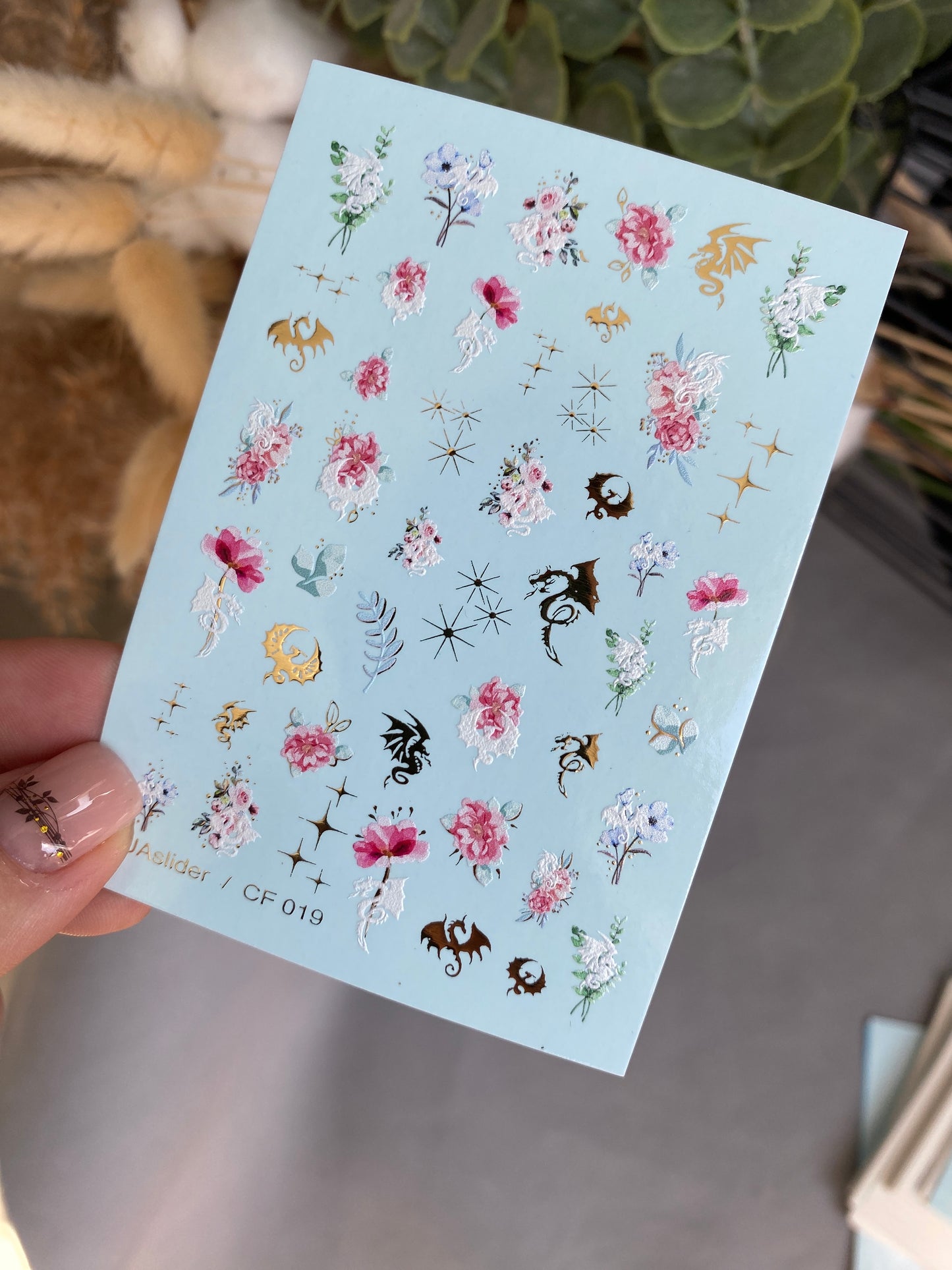 Nail Water Decal CF-019 | Floral Water Slide Nail Decals, Pink Peonies and Delicate Blooms with Gold Dragons and Stars