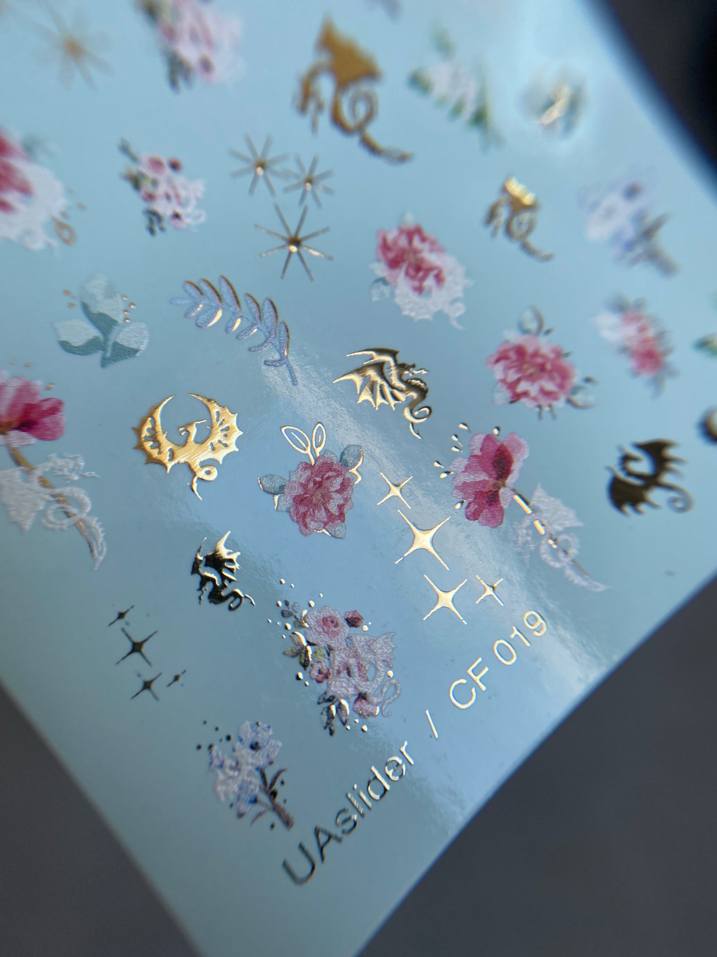 Nail Water Decal CF-019 | Floral Water Slide Nail Decals, Pink Peonies and Delicate Blooms with Gold Dragons and Stars