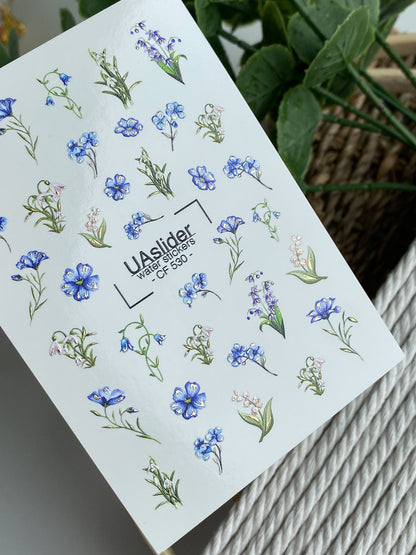 Nail Water Decal CF-530 | Water Slide Nail Decals with Forget-Me-Nots, Lilies of the Valley & Bellflowers | Delicate Floral Nail Art
