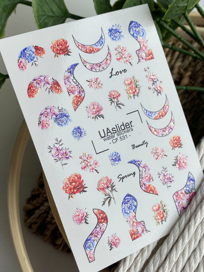 Nail Water Decal CF-531 | Water Slide Nail Decals with Floral Moons & Abstract Shapes | Colorful Spring Nail Art