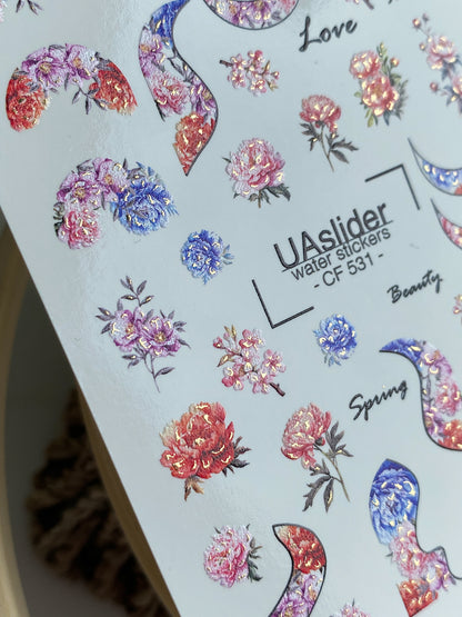 Nail Water Decal CF-531 | Water Slide Nail Decals with Floral Moons & Abstract Shapes | Colorful Spring Nail Art