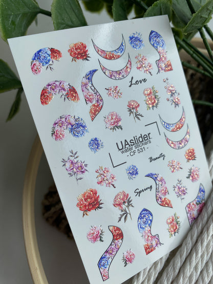 Nail Water Decal CF-531 | Water Slide Nail Decals with Floral Moons & Abstract Shapes | Colorful Spring Nail Art