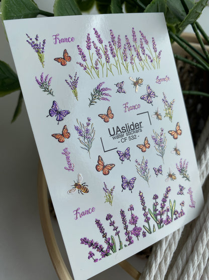 Adesivo per unghie ad acqua CF-532 | Adesivi per unghie a scivolamento ad acqua con lavanda, farfalle e api | Nail art della Provenza