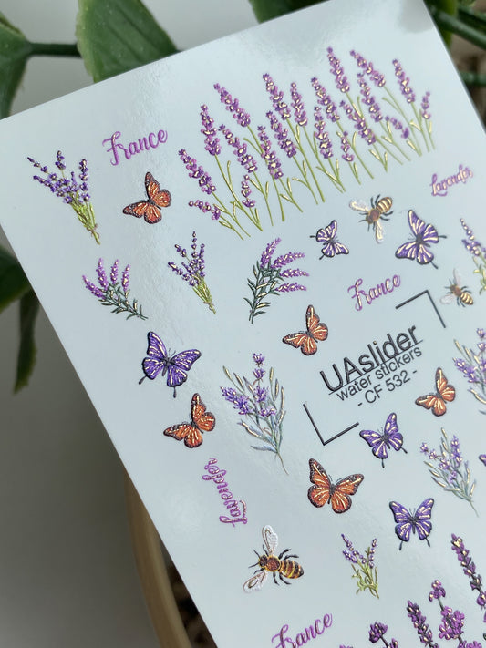 Nail Water Decal CF-532 | Water Slide Nail Decals with Lavender, Butterflies & Bees | Provence Nail Art