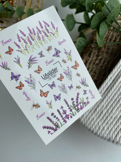 Adesivo per unghie ad acqua CF-532 | Adesivi per unghie a scivolamento ad acqua con lavanda, farfalle e api | Nail art della Provenza
