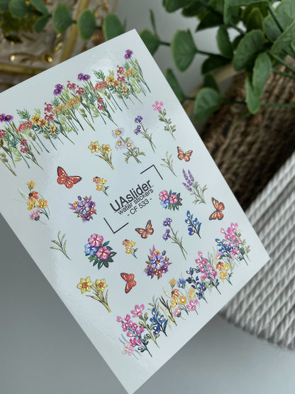 Adesivi per unghie ad acqua CF-533 | Adesivi per unghie a scivolamento ad acqua con fiori selvatici e farfalle | Adesivi per unghie floreali colorati