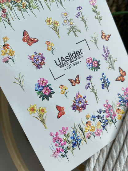 Adesivi per unghie ad acqua CF-533 | Adesivi per unghie a scivolamento ad acqua con fiori selvatici e farfalle | Adesivi per unghie floreali colorati