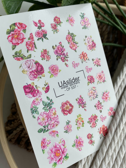 Nail Water Decal CF-537 | Water Slide Nail Decals with Roses | Romantic Floral Nail Stickers