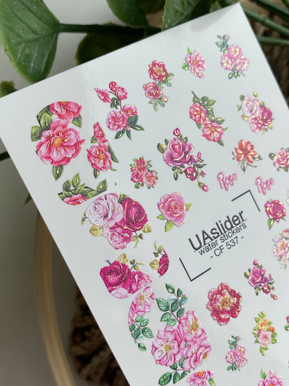 Nail Water Decal CF-537 | Water Slide Nail Decals with Roses | Romantic Floral Nail Stickers