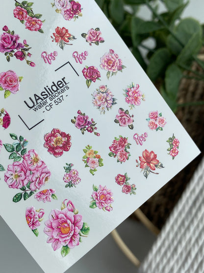 Nail Water Decal CF-537 | Water Slide Nail Decals with Roses | Romantic Floral Nail Stickers