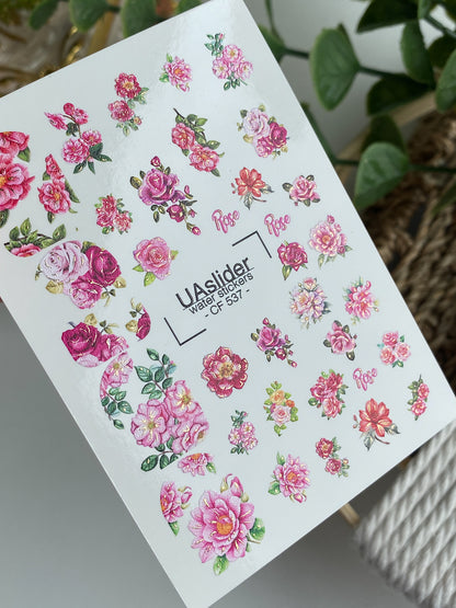 Nail Water Decal CF-537 | Water Slide Nail Decals with Roses | Romantic Floral Nail Stickers