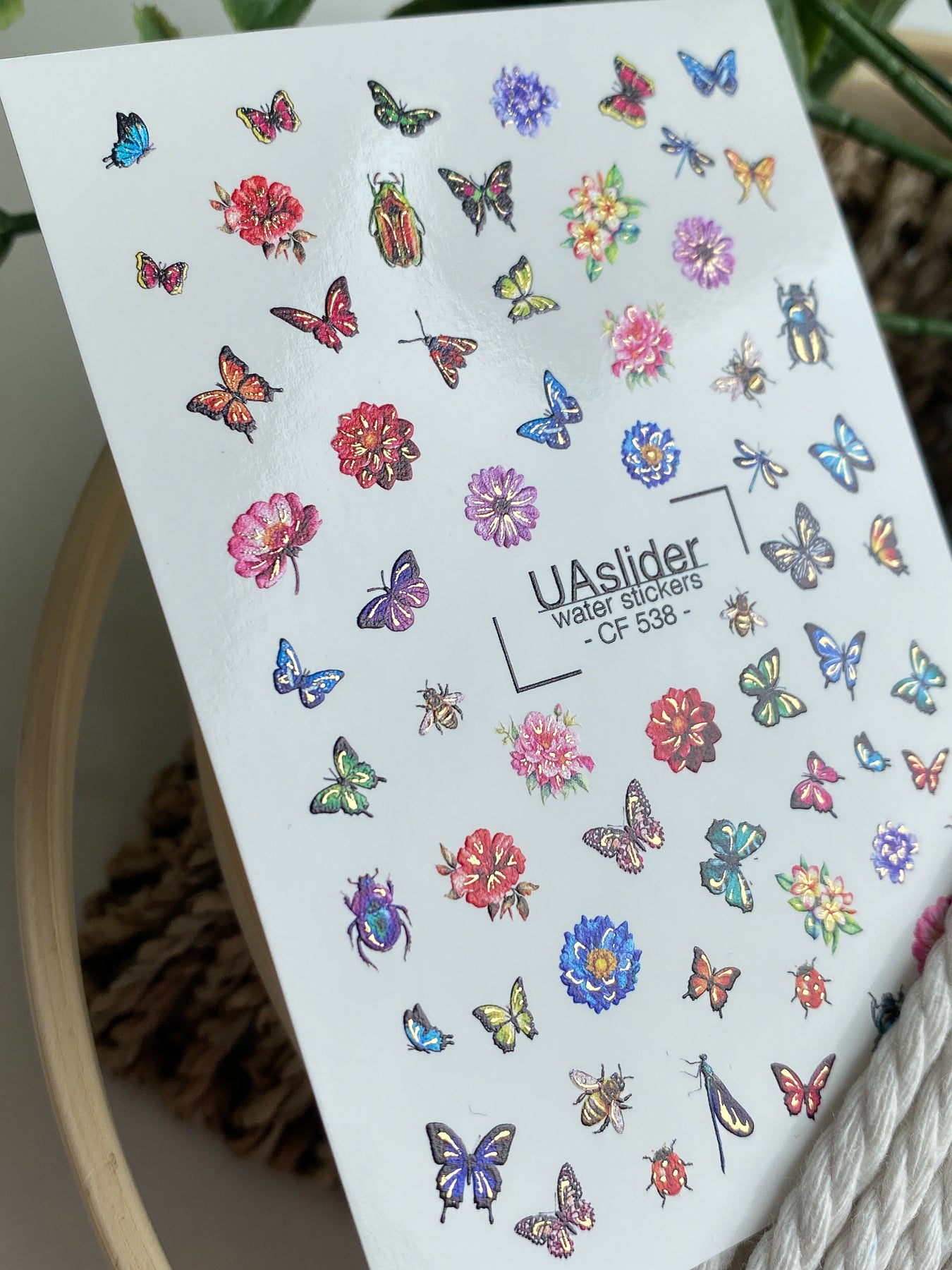 Nagel-Wasserabziehbild CF-538 | Wasserabziehbare Nagelaufkleber mit Schmetterlingen, Käfern & Blumen | Bunte Sommer-Nagelsticker