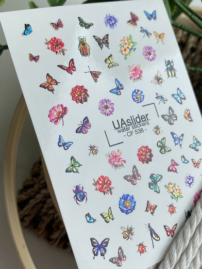 Nagel-Wasserabziehbild CF-538 | Wasserabziehbare Nagelaufkleber mit Schmetterlingen, Käfern & Blumen | Bunte Sommer-Nagelsticker